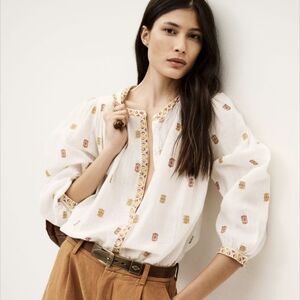 Ba&sh Daphne Loose Pleated Shirt Size Small Boho Peasant Embroidered EUC